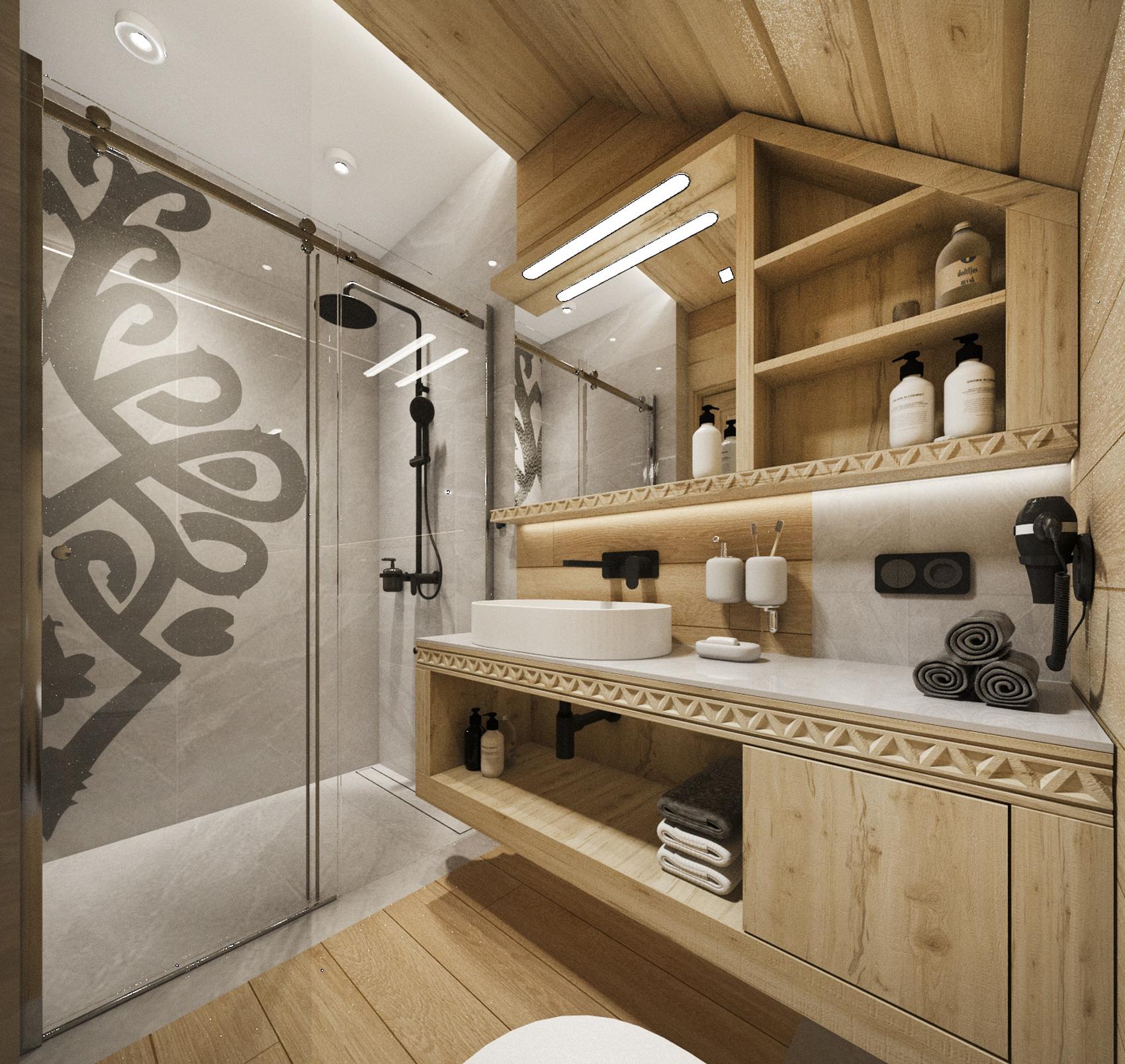 projekt aranżacji wnętrz- pensjonat w górach łazienka pokój hotelowy