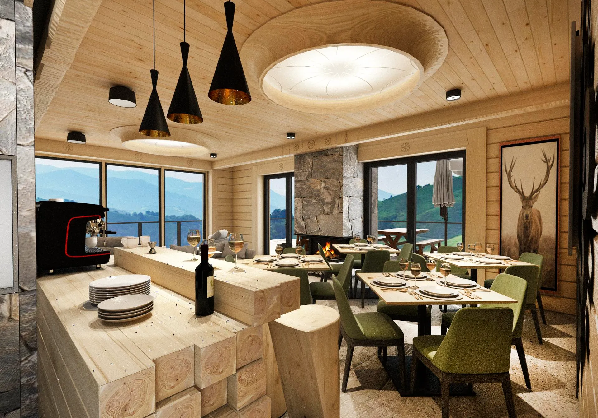 projekt aranżacji wnętrz restauracji w pensjonacie w górach- sala konsumpcyjna sufit drewniany