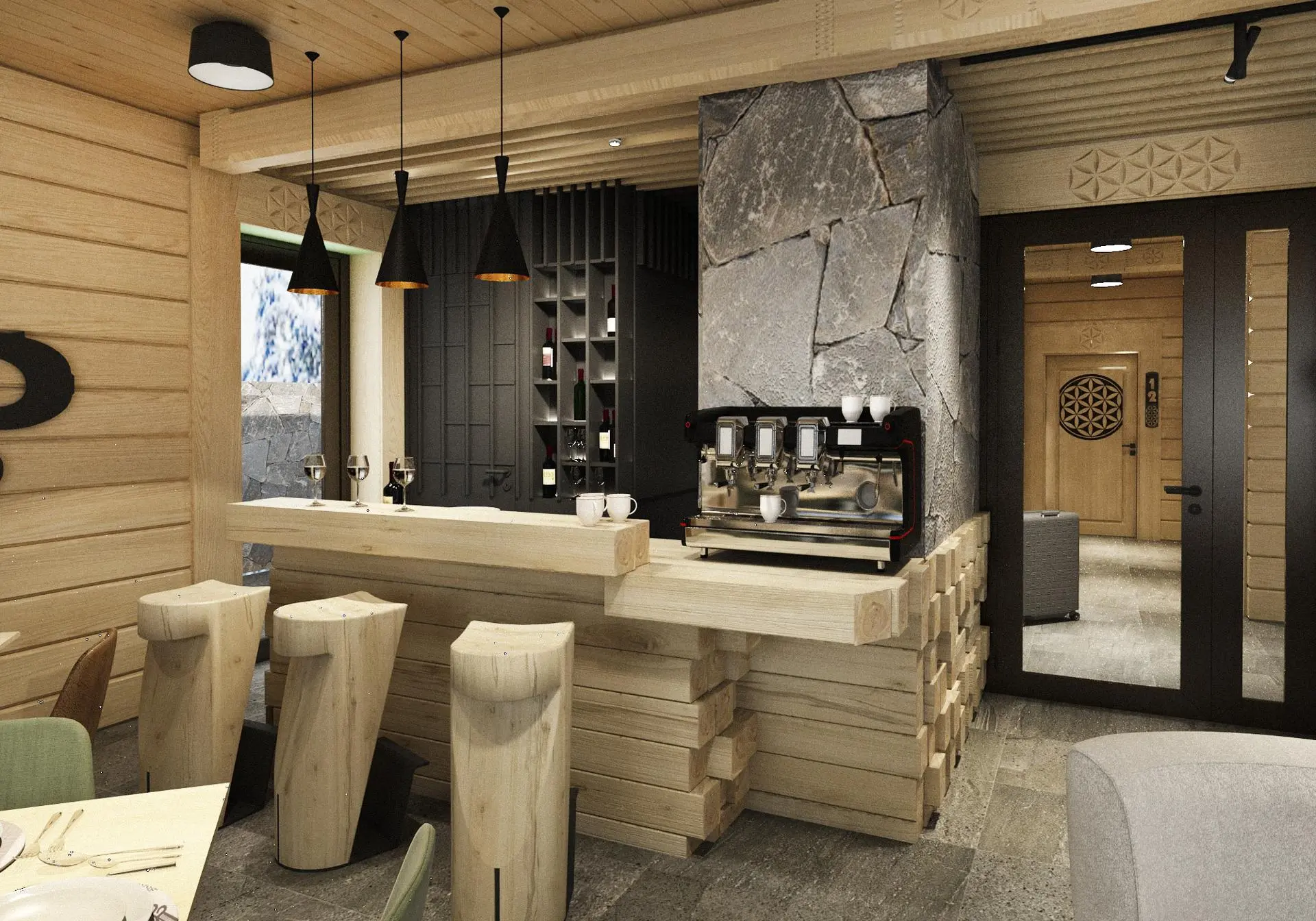 projekt aranżacji wnętrz restauracji w pensjonacie w górach- bar