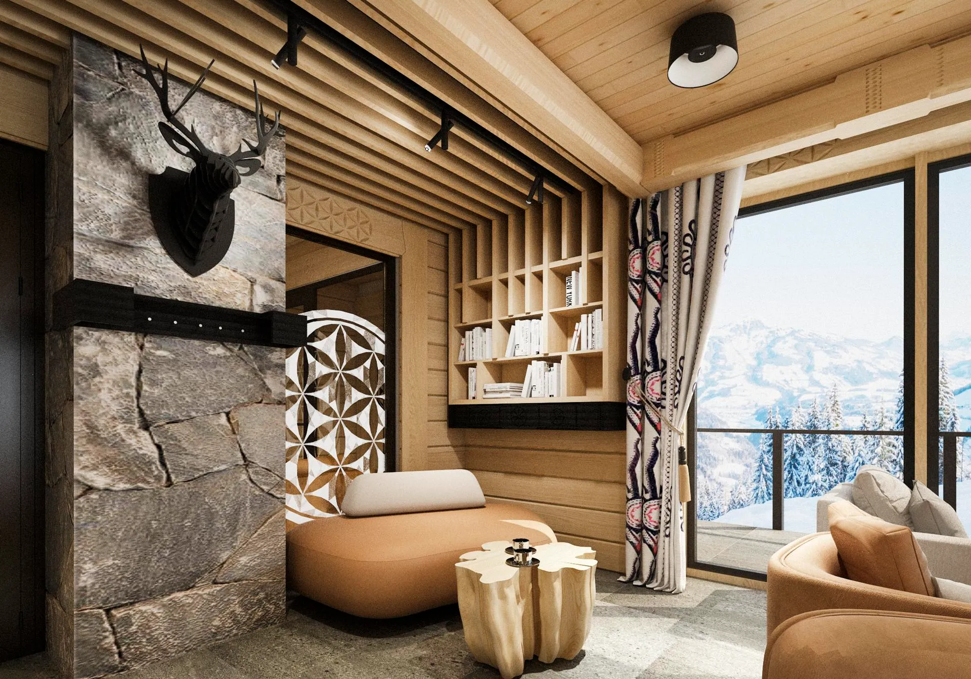 projekt aranżacji wnętrz restauracji w pensjonacie w górach- sala konsumpcyjna sofa